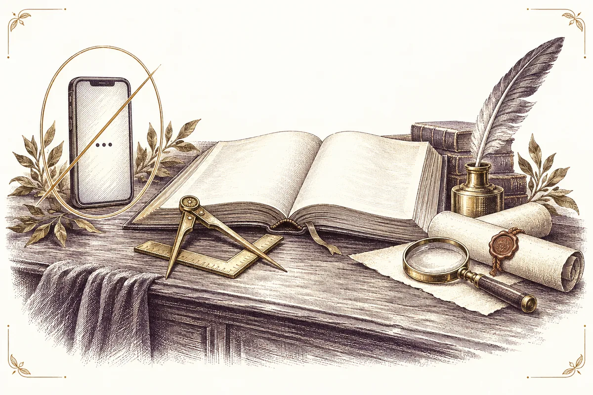 Illustration im Kupferstichstil: durchgestrichenes Telefon, offenes Buch, Winkelmaß, Zirkel und Dokument unter einer Lupe.